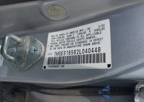 2002 Honda Civic Lx from USA, damaged, VIN 1HGES16562L040448